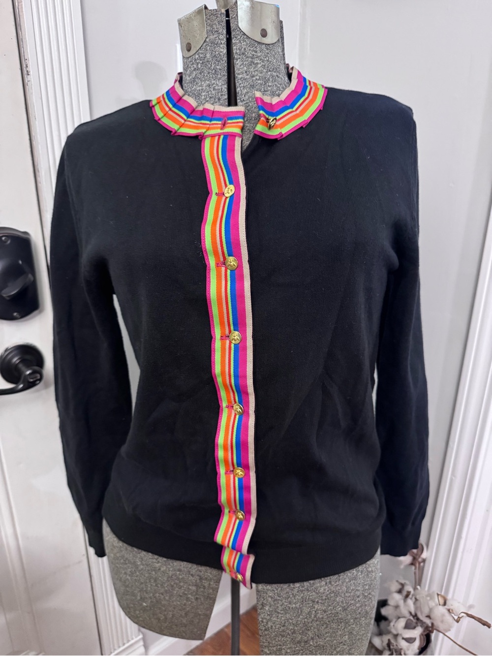 Women’s B’s Collection Black Cardigan with Rainbow Stripe Ribbon Trim Medium